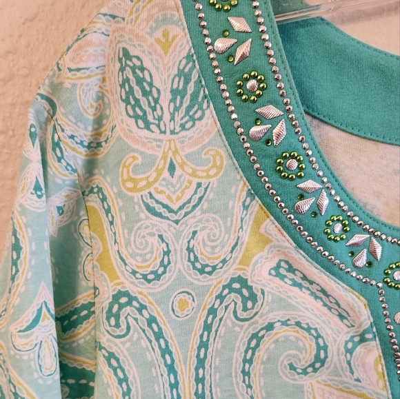 JM Collection 3/4 Sleeve Teal Paisley Design Tunic Shirt. Embellished Sz 2X NWOT - Picture 7 of 13